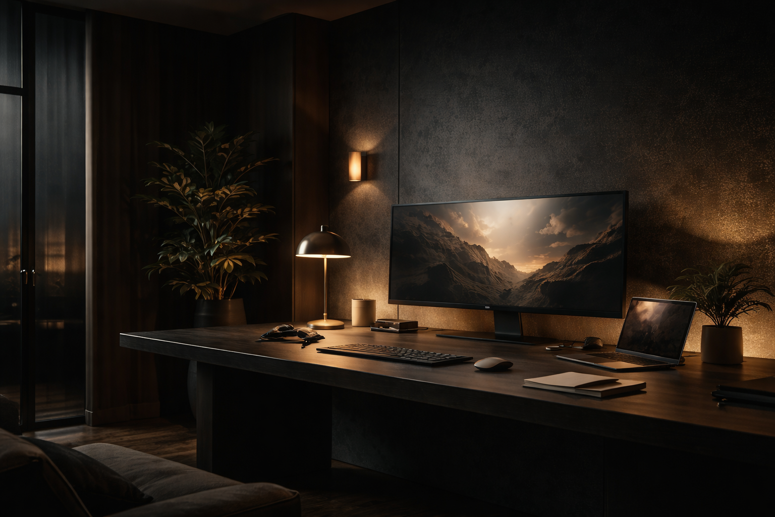 Studio digital haut de gamme avec surfaces noires, lumière dorée et ambiance de création