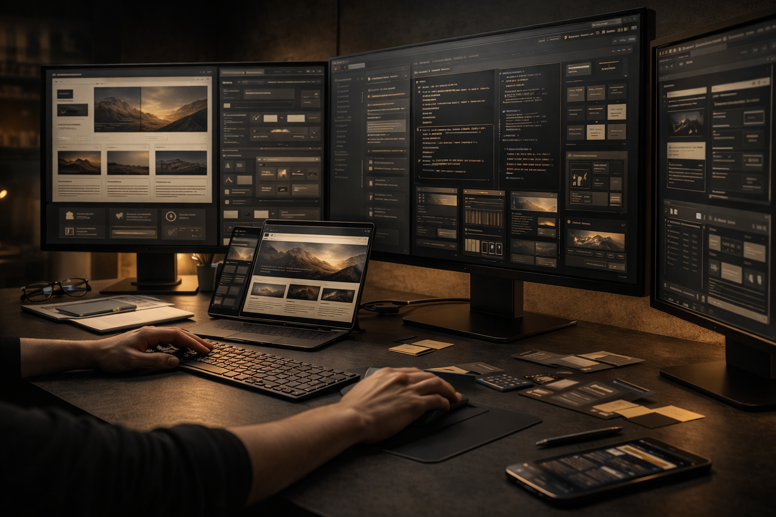Scène de production digitale haut de gamme avec écrans, contenu et contrôle qualité