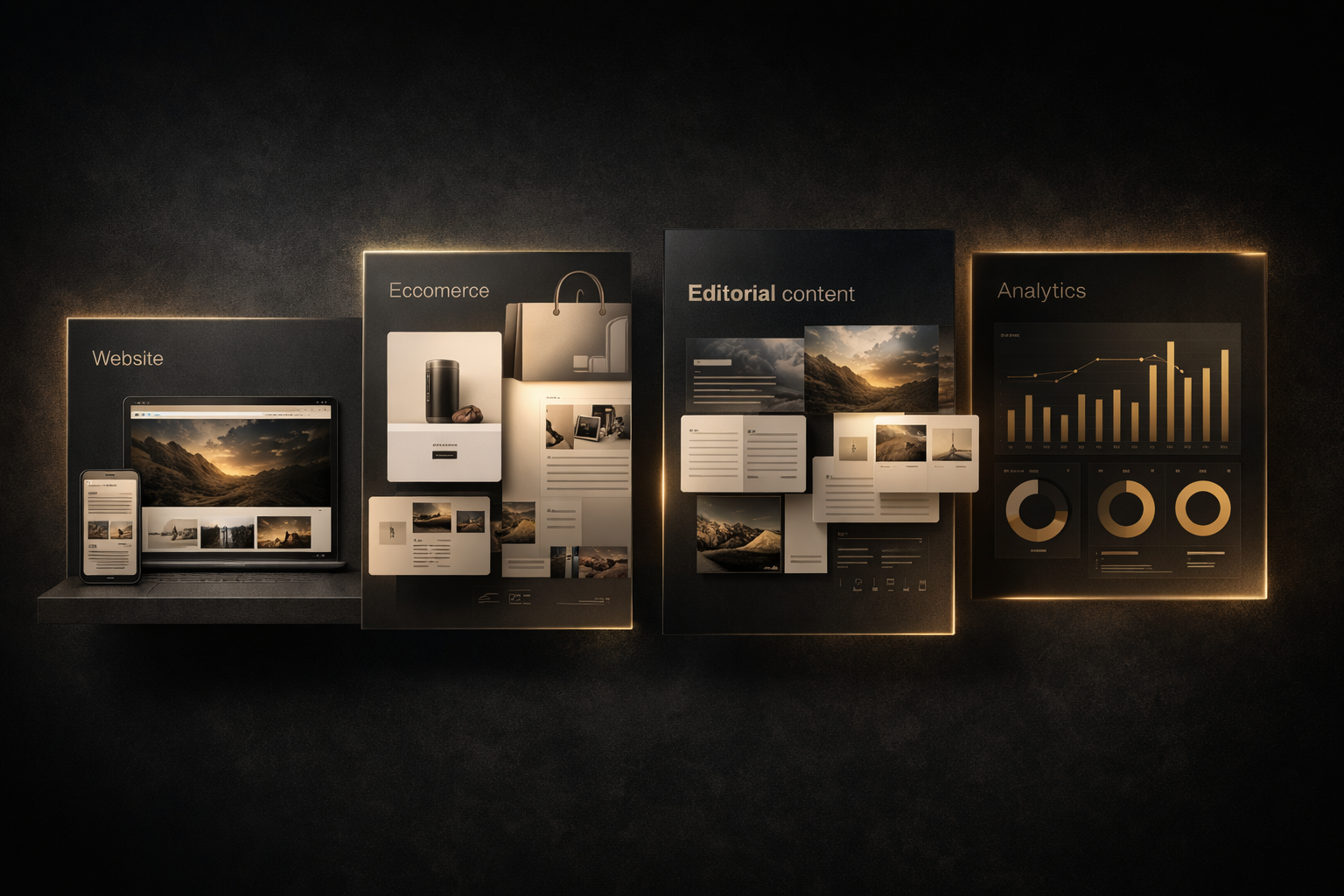 Montage premium évoquant site web, e-commerce, contenu éditorial et stratégie digitale