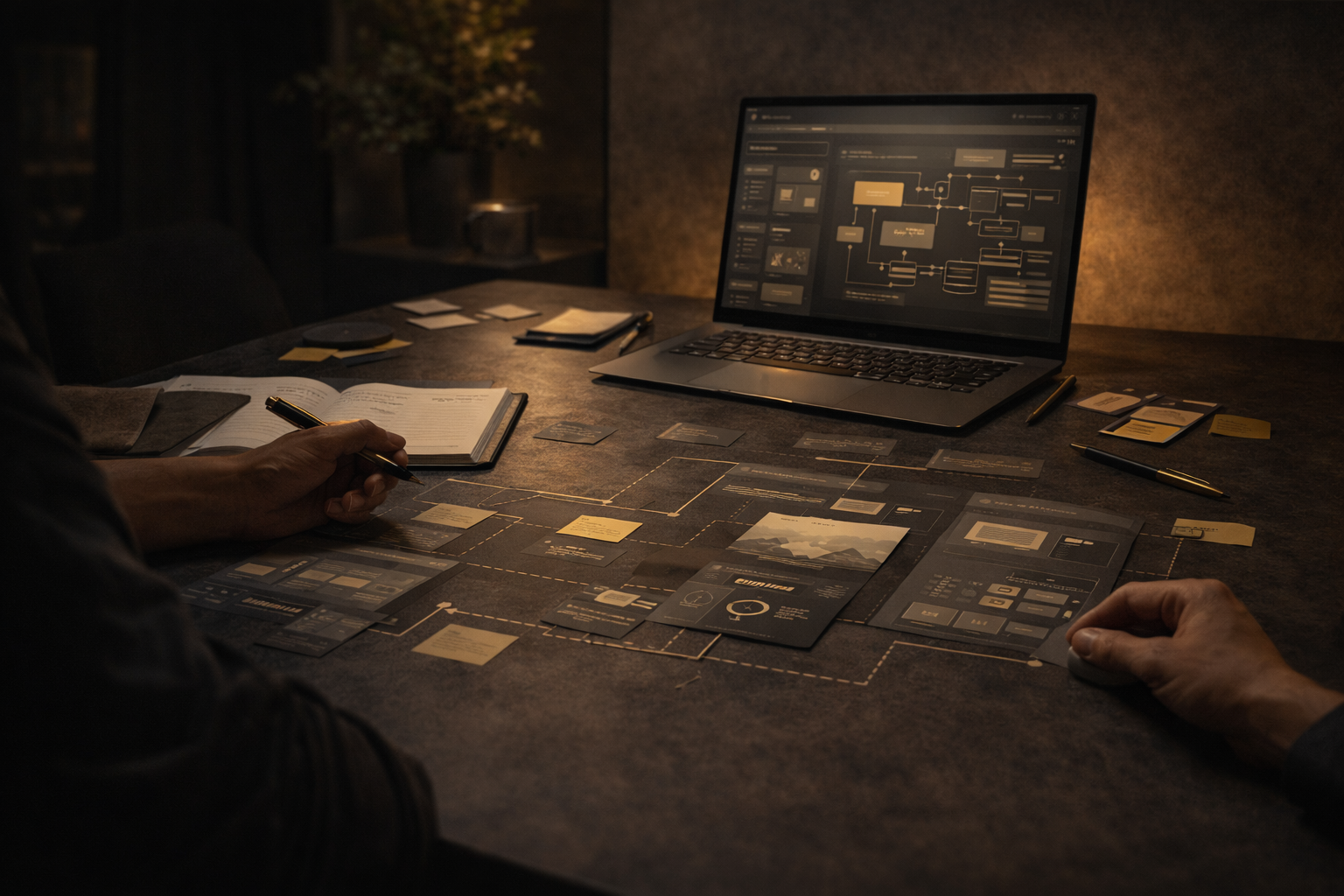 Scène sobre illustrant l'équilibre entre intelligence humaine, méthode et technologie
